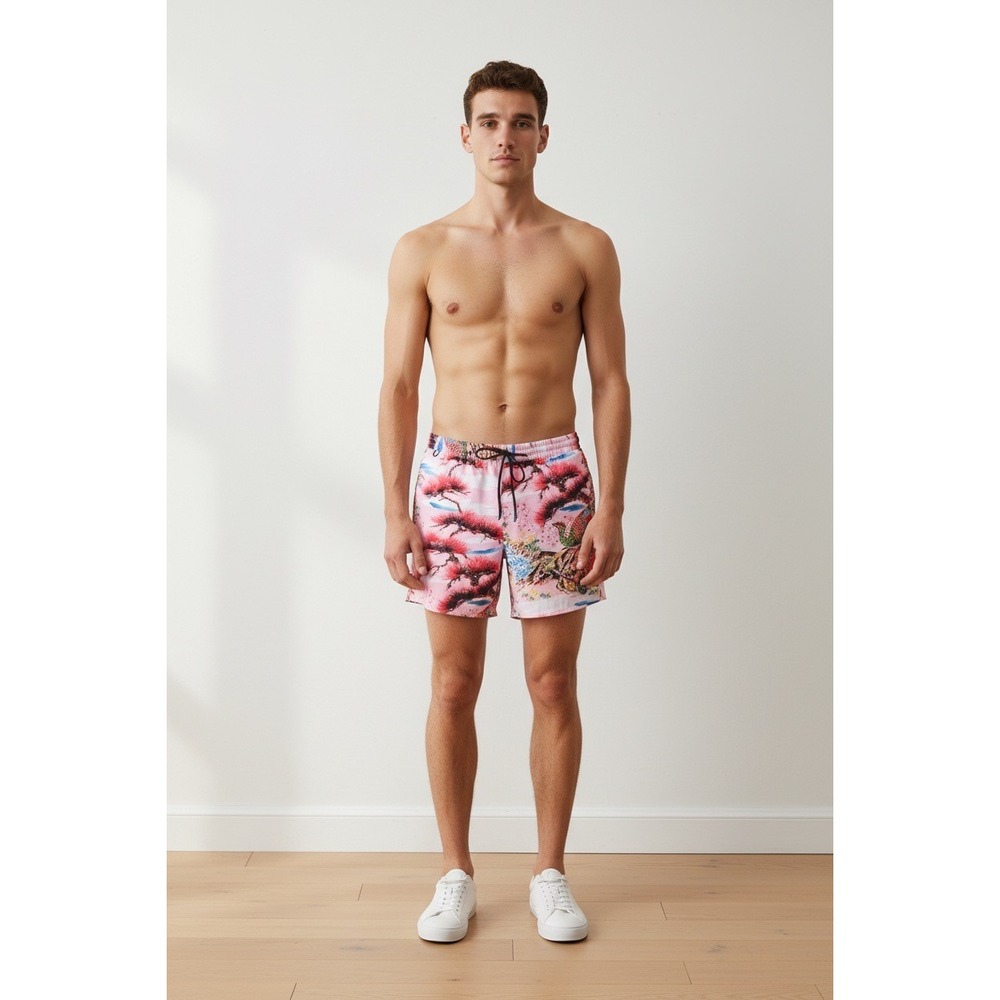 ROARK Men's Shorey Pink Cherry Blossom Pheasant‎ Print Swim Trunks, Size S, NWT